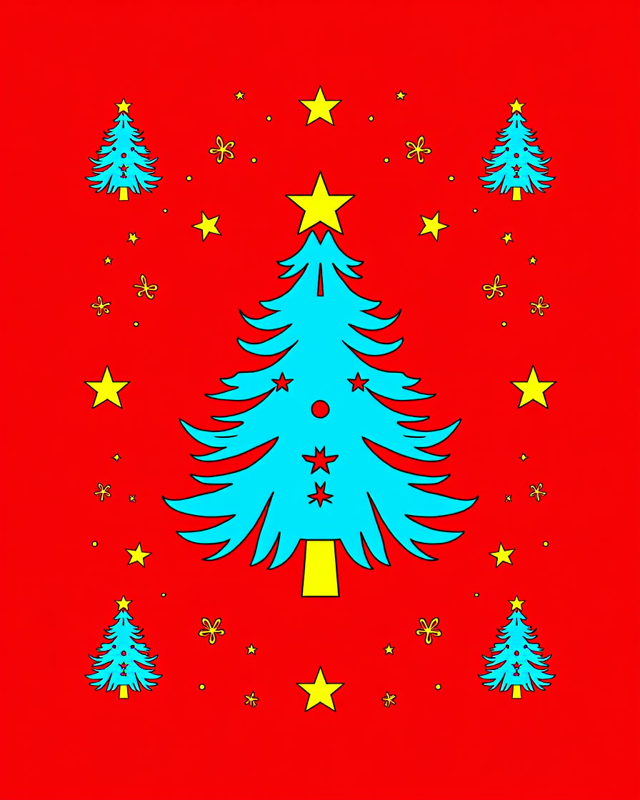 Festive Cyan Christmas Trees Scattered Stars Rug