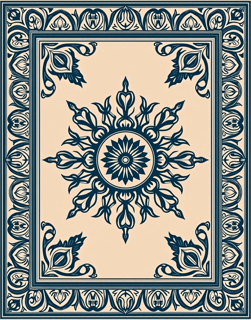 Navy Blue Floral Medallion Border Rug