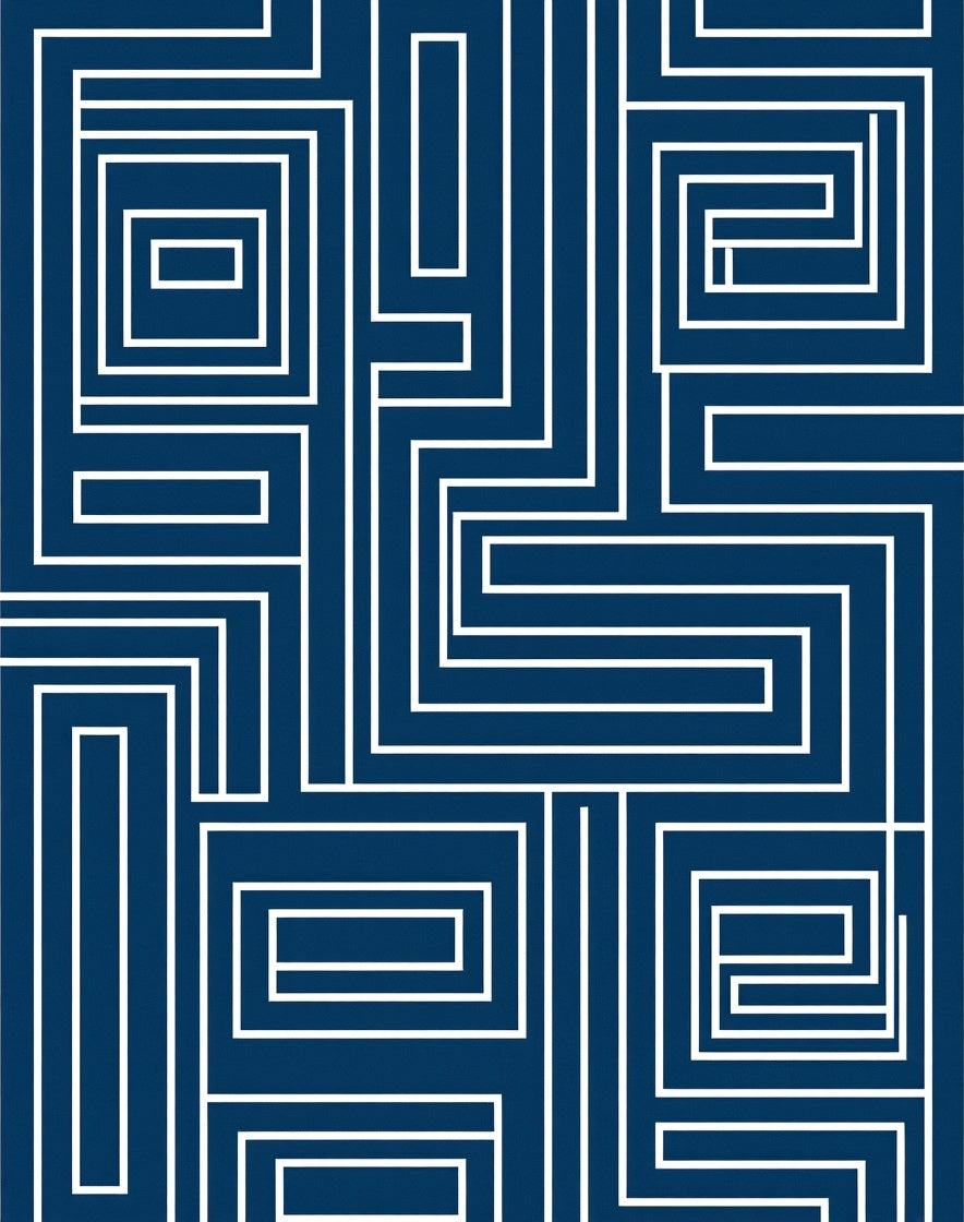Dark Blue White Linear Maze Rug