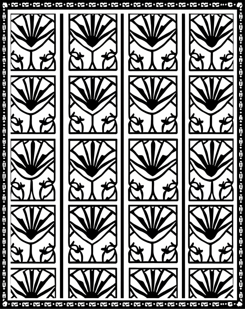 Black White Fan Geometric Border Rug