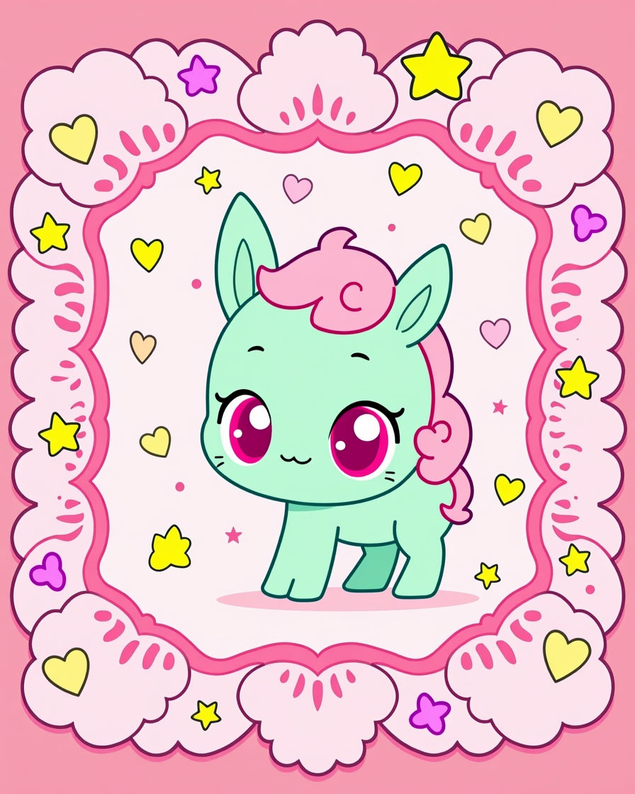 Kawaii Mint Pony Heart Star Frame Rug