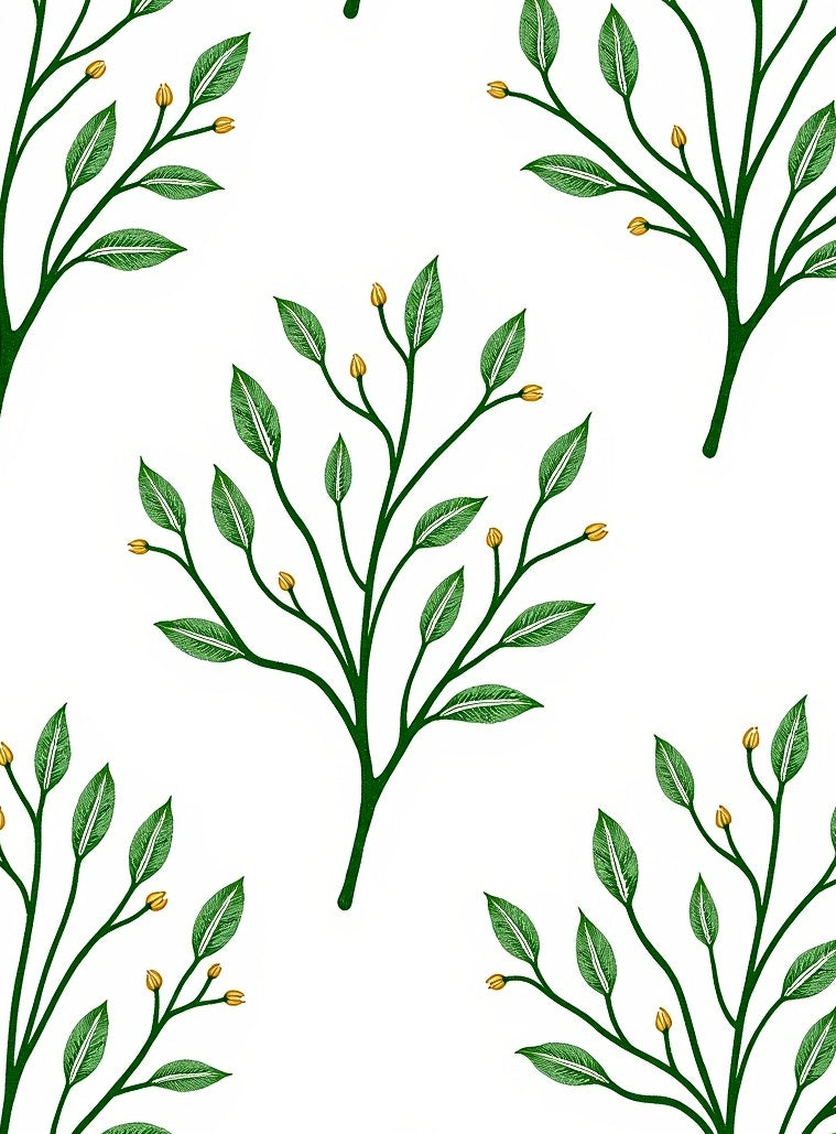Emerald Green Branch Buds on White Rug