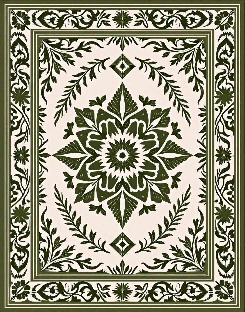 Forest Green Floral Medallion Border Rug