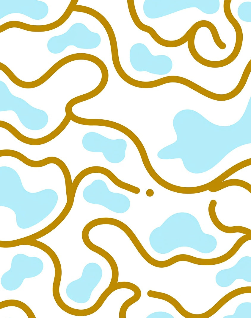 Abstract Gold Curvy Lines Light Blue Shapes Rug