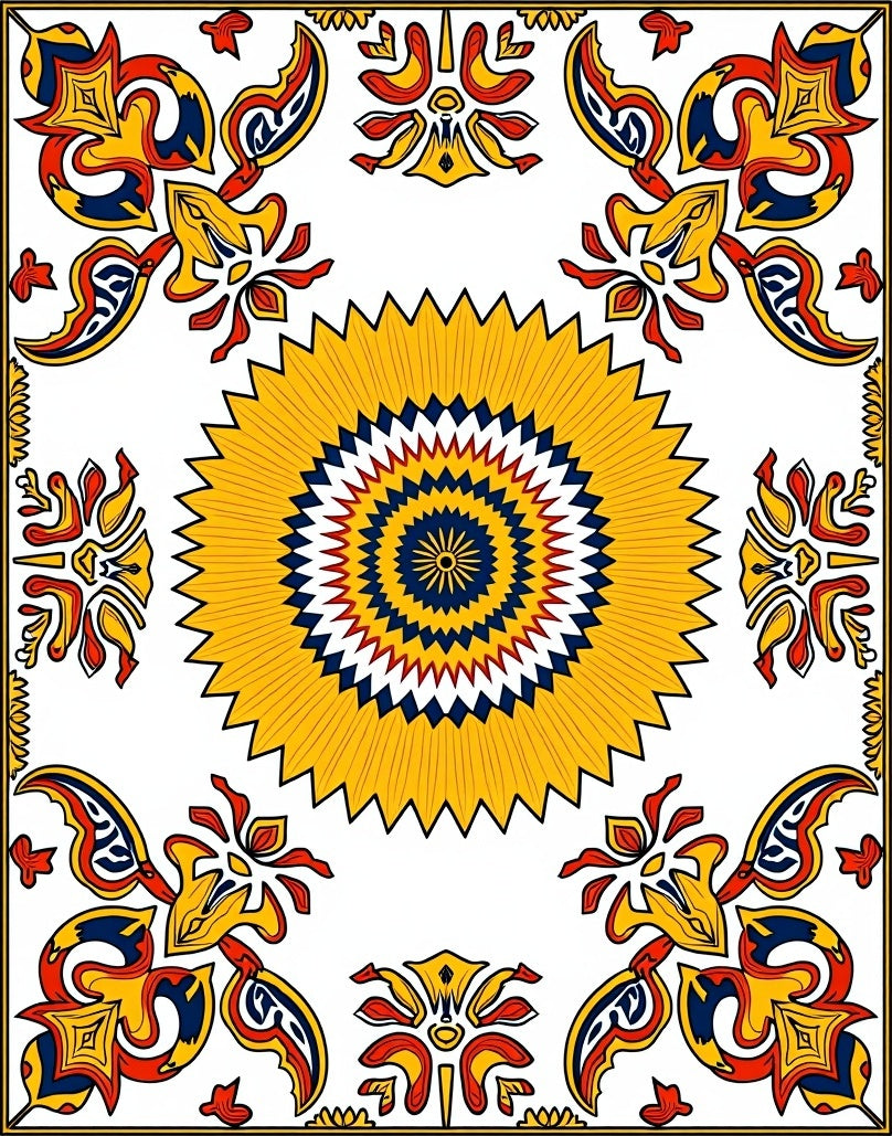 Yellow Red Blue Sunburst Medallion Rug