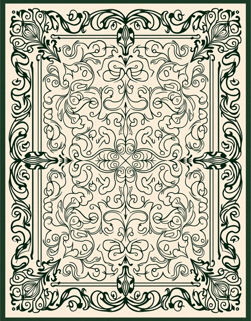 Dark Green Ivory Floral Scrollwork Rug