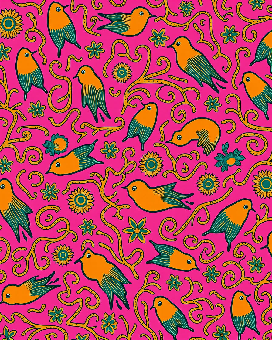 Whimsical Orange and Teal Birds Rug