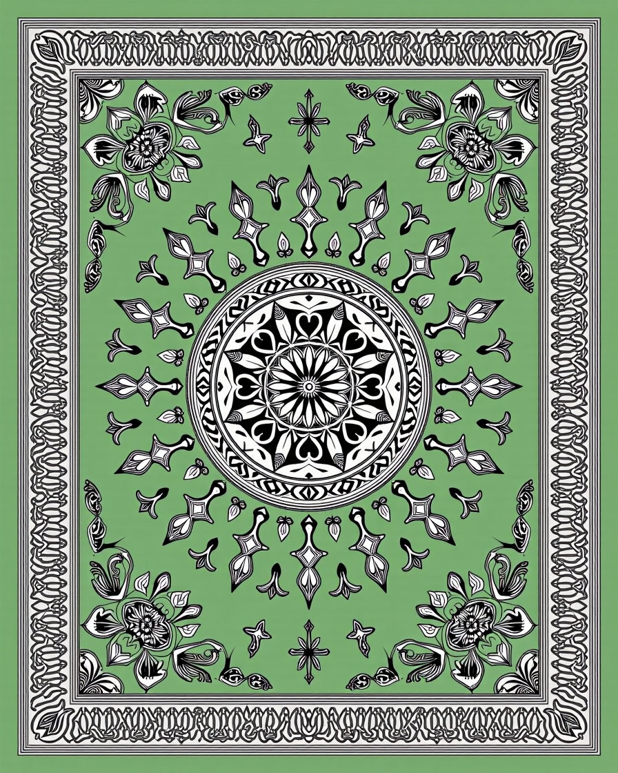 Bold Green Black Floral Mandala Rug