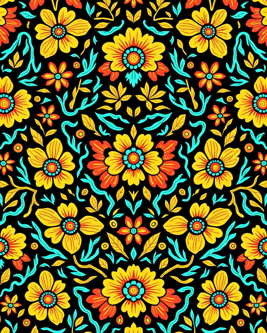 Golden Yellow Red Floral Symmetry Rug