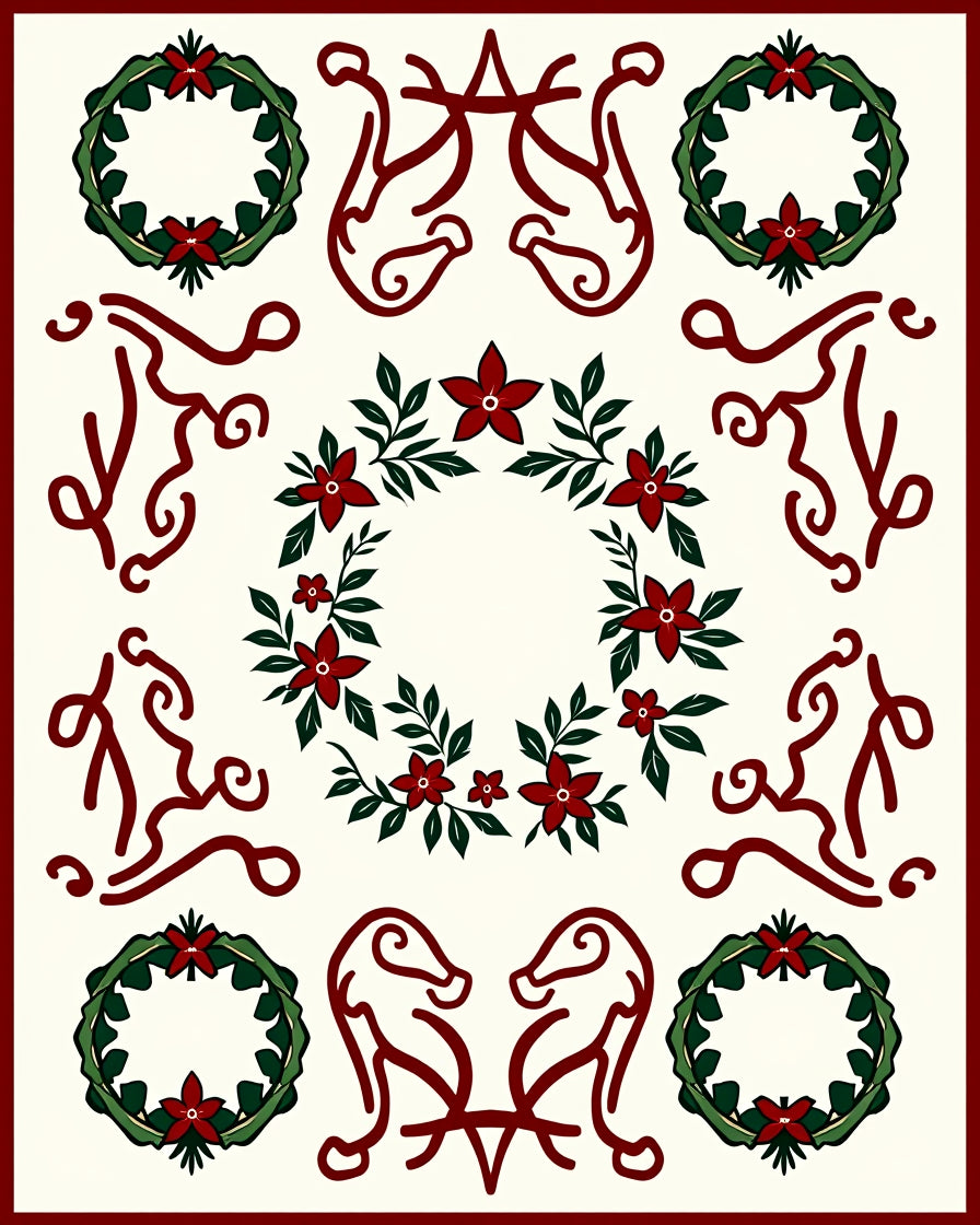 Crimson Wreaths and Abstract Figures Rug