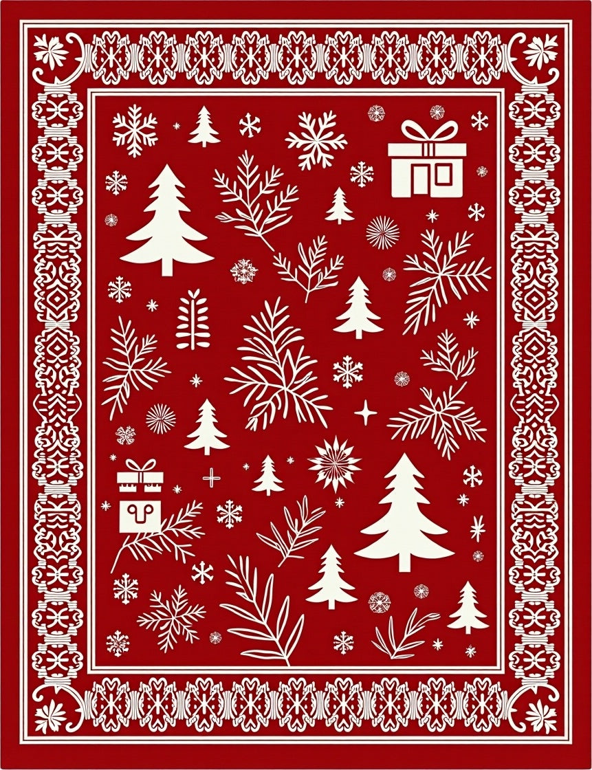 Red White Festive Holiday Trees Snowflakes Rug