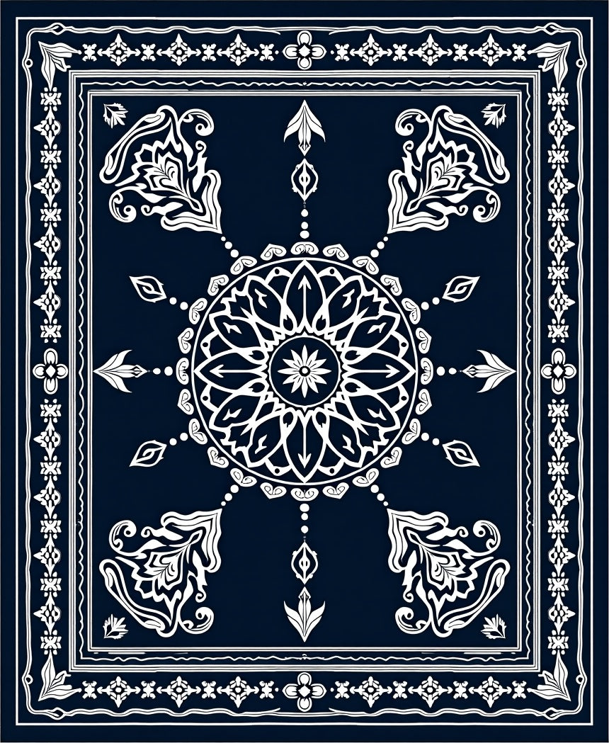 Midnight Blue White Medallion Border Rug