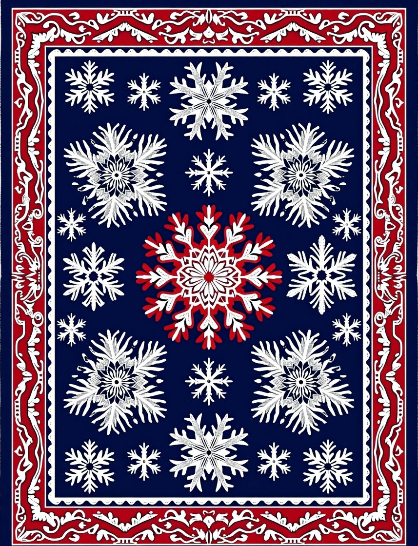 Winter Snowflake Navy Blue Red Border Rug