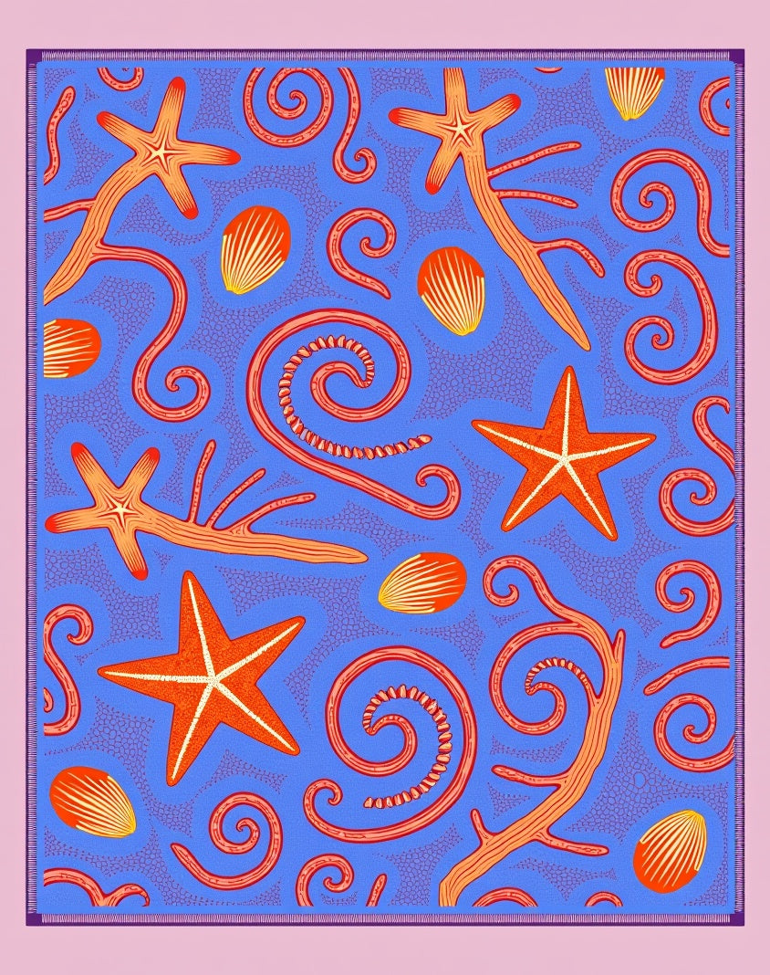 Orange Starfish Shells Swirls Blue Rug