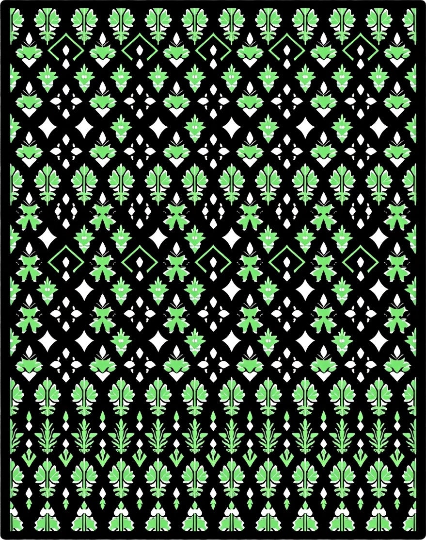 Black Lime Green Detailed Leaf Geometric Rug