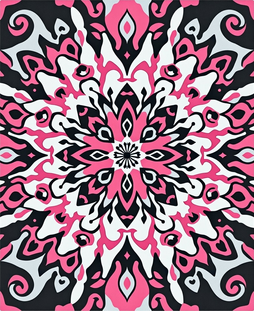 Vibrant Pink Black Abstract Mandala Rug