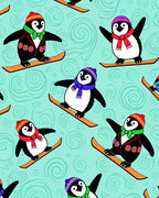 Skiing Penguins with Swirling Snow Background Rug