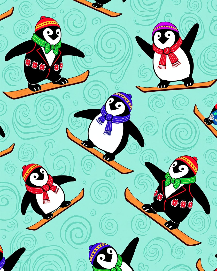 Skiing Penguins with Swirling Snow Background Rug