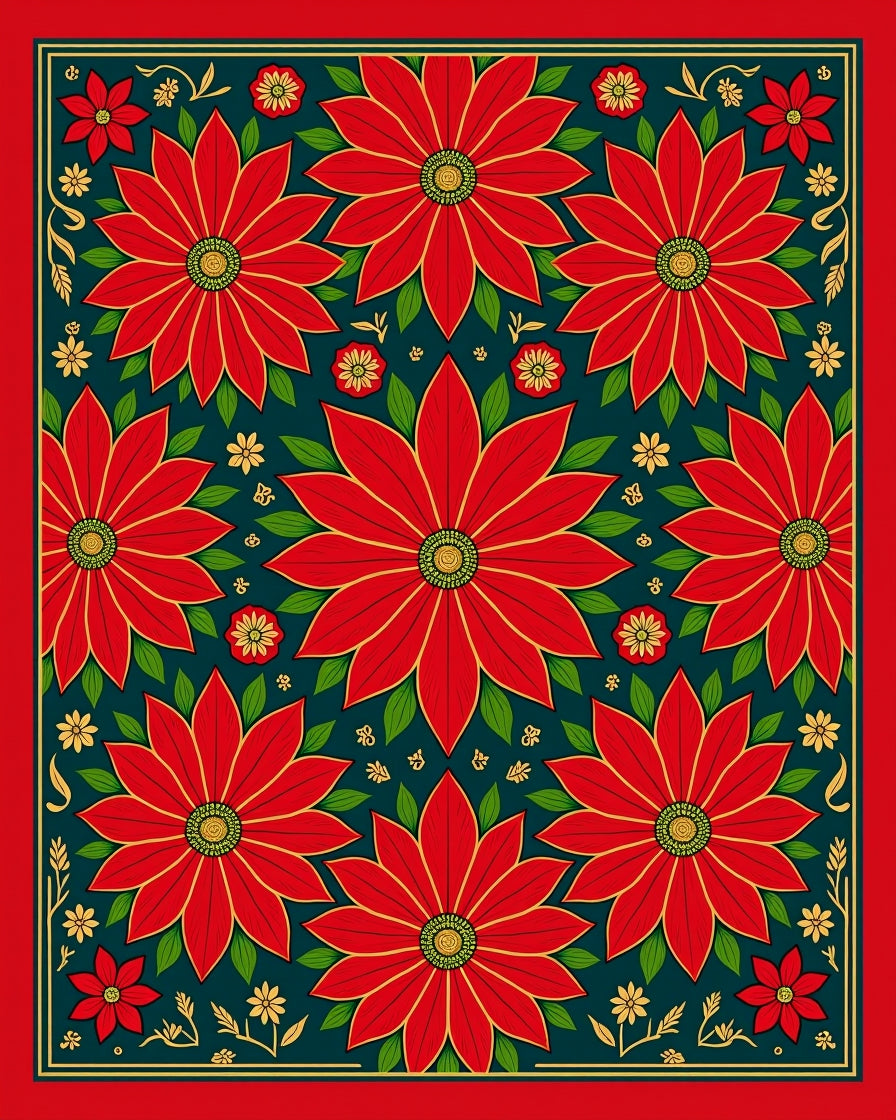 Bold Red Poinsettia Green Border Rug