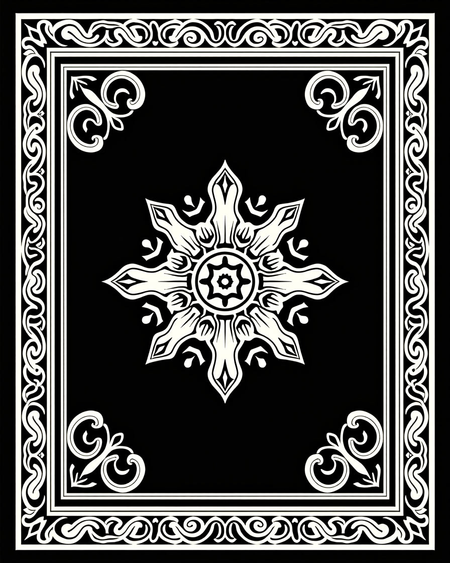 Elegant Black White Medallion Border Rug