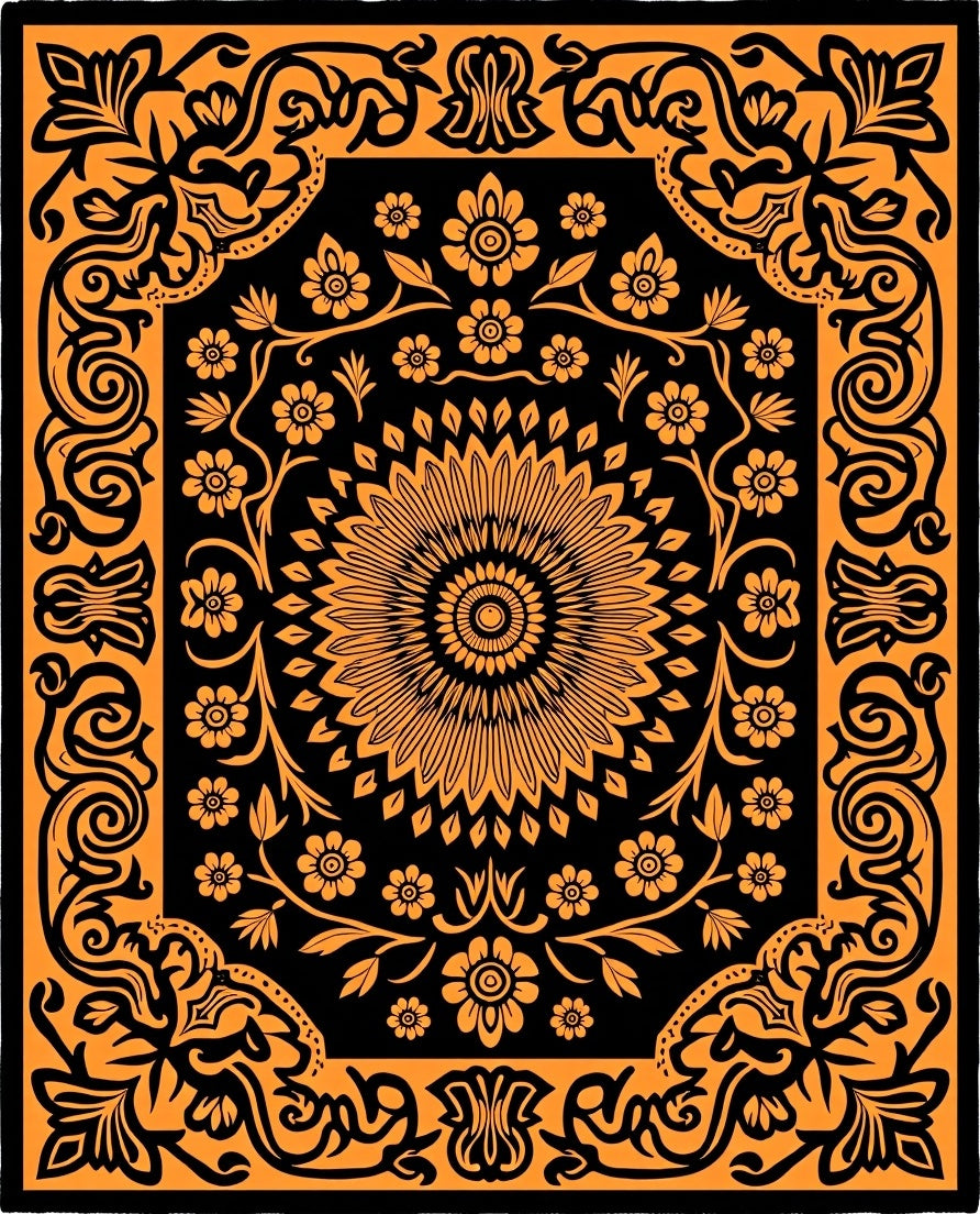 Ornate Floral Medallion Black Orange Rug