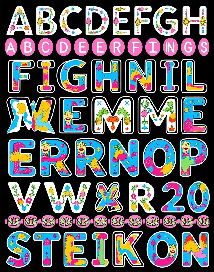 Psychedelic Alphabet and Numbers Collage Rug