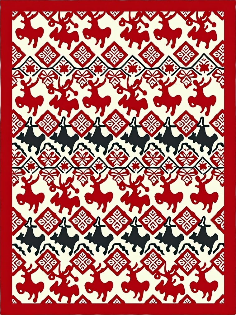 Red Black Reindeer Folk Art Rug
