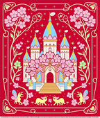 Red Floral Castle Whimsical Creatures Rug