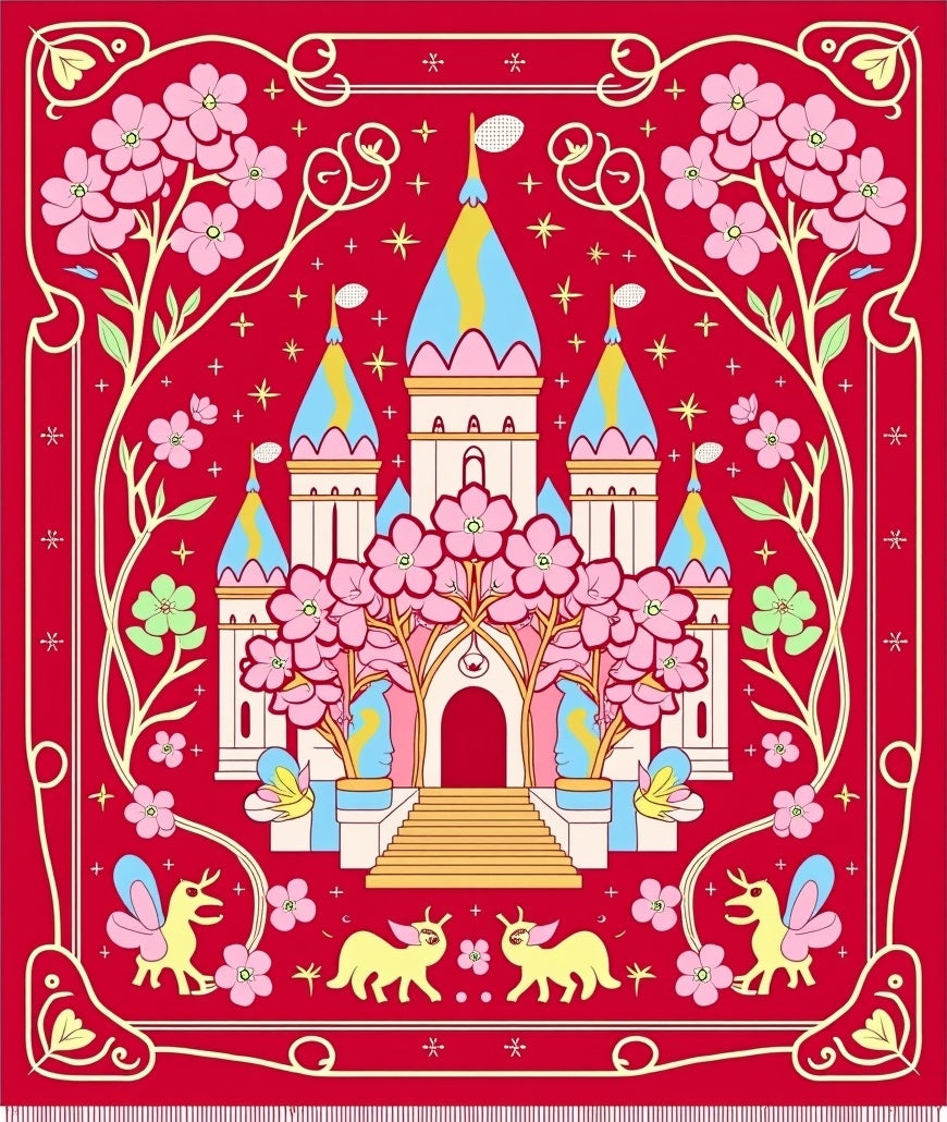 Red Floral Castle Whimsical Creatures Rug