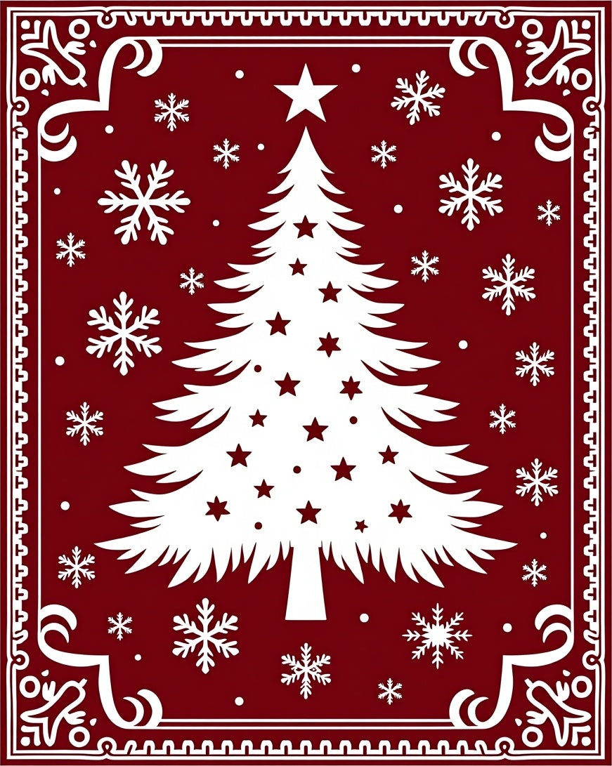 Crimson White Christmas Tree Snowflakes Rug