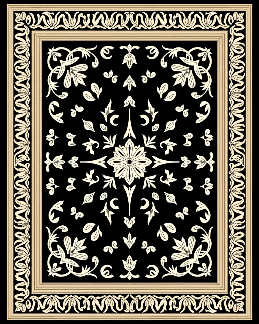 Cream Floral Border on Black Rug
