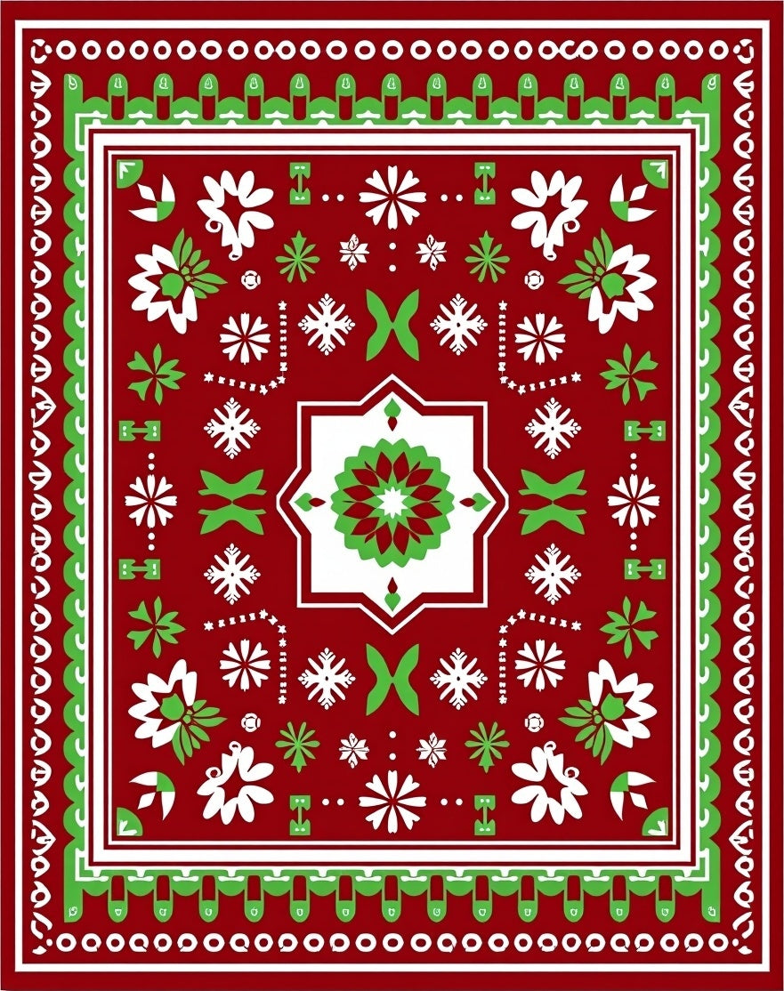 Crimson Green Snowflake Floral Symmetry Rug