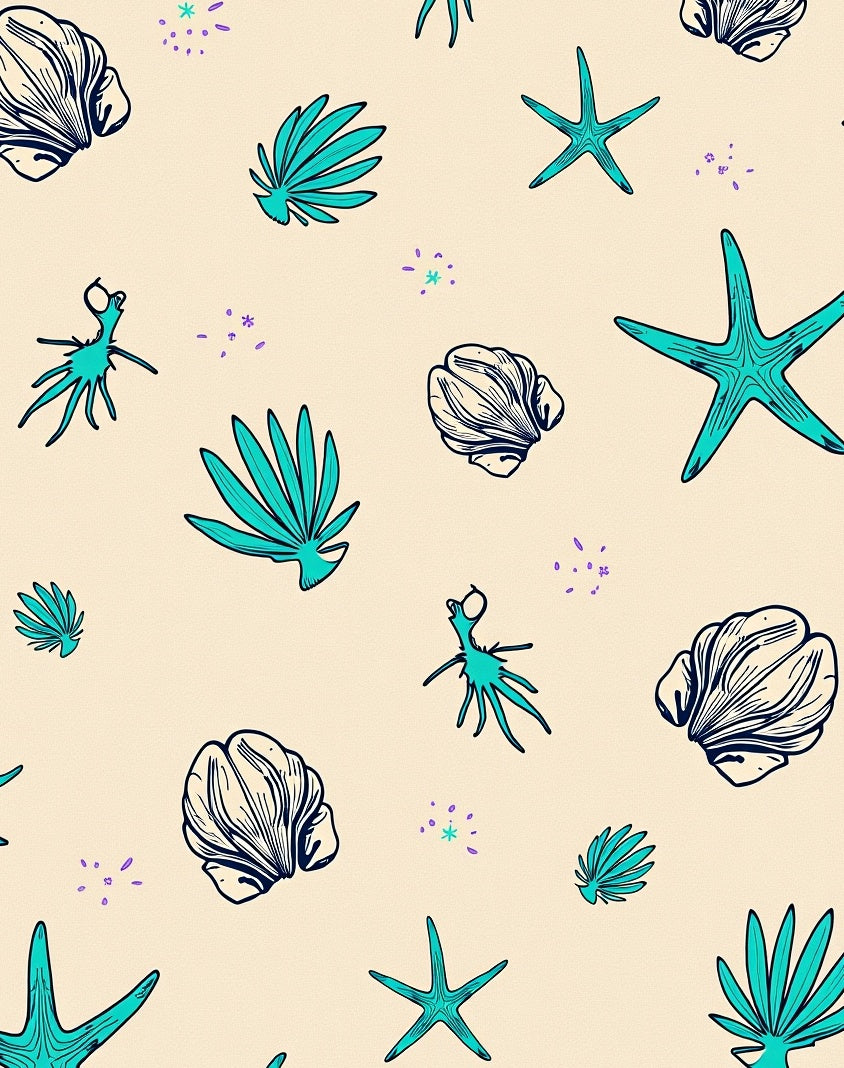 Teal Coastal Shell Starfish Collage Rug