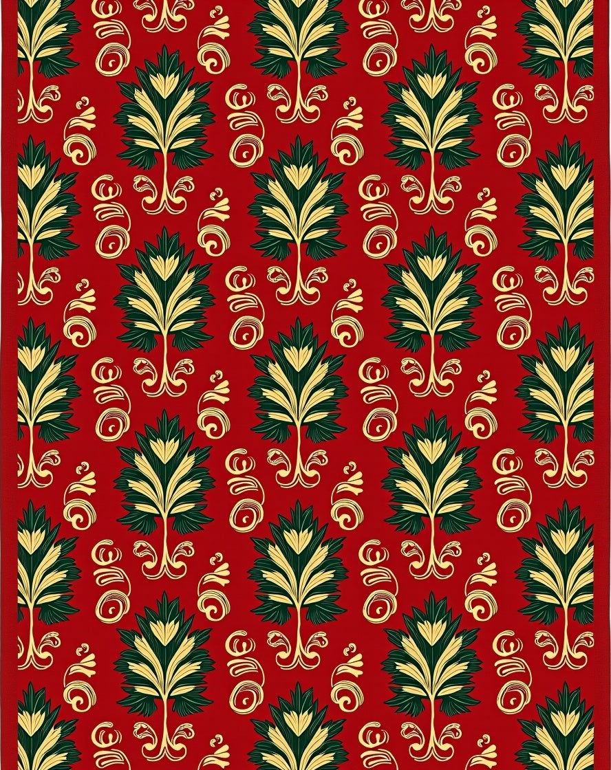 Red Green Gold Stylized Floral Scroll Rug