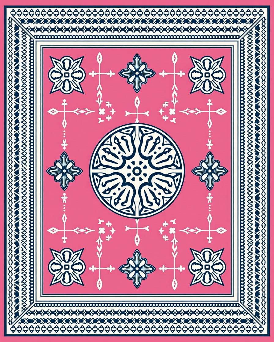 Vibrant Pink Geometric Medallion Border Rug
