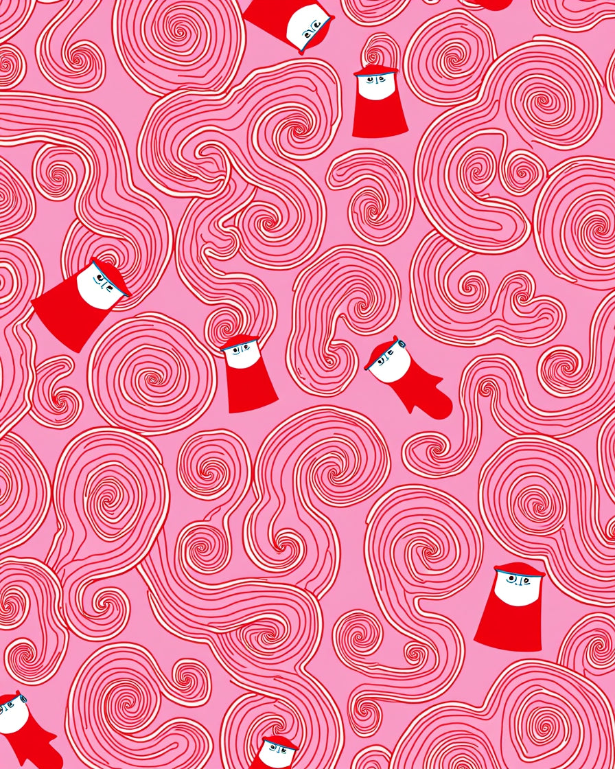 Whimsical Red Swirl Figures Pink Rug