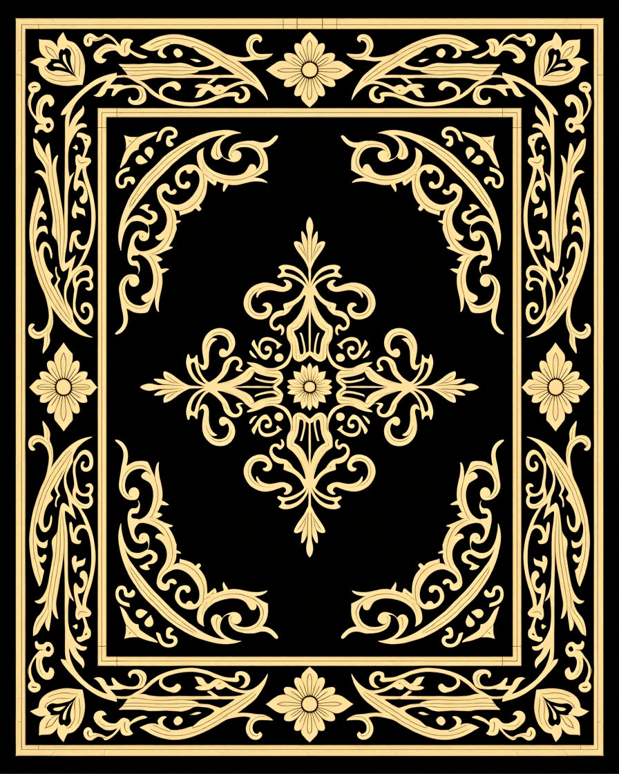 Black and Gold Scrollwork Floral Medallion Rug
