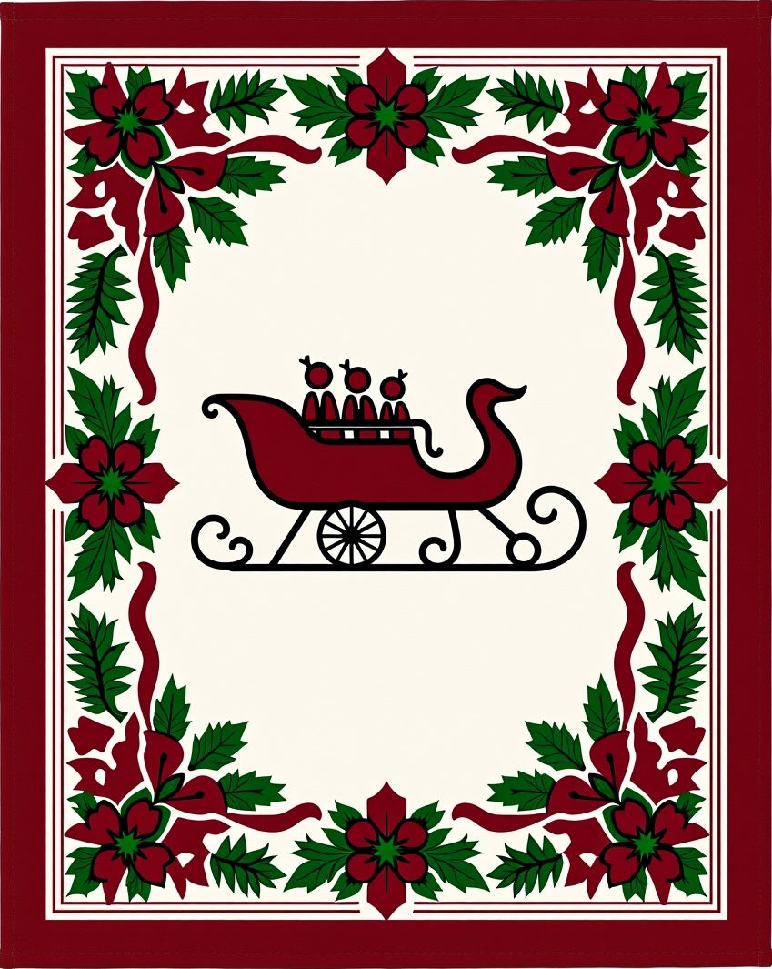 Festive Sleigh Holiday Floral Border Rug