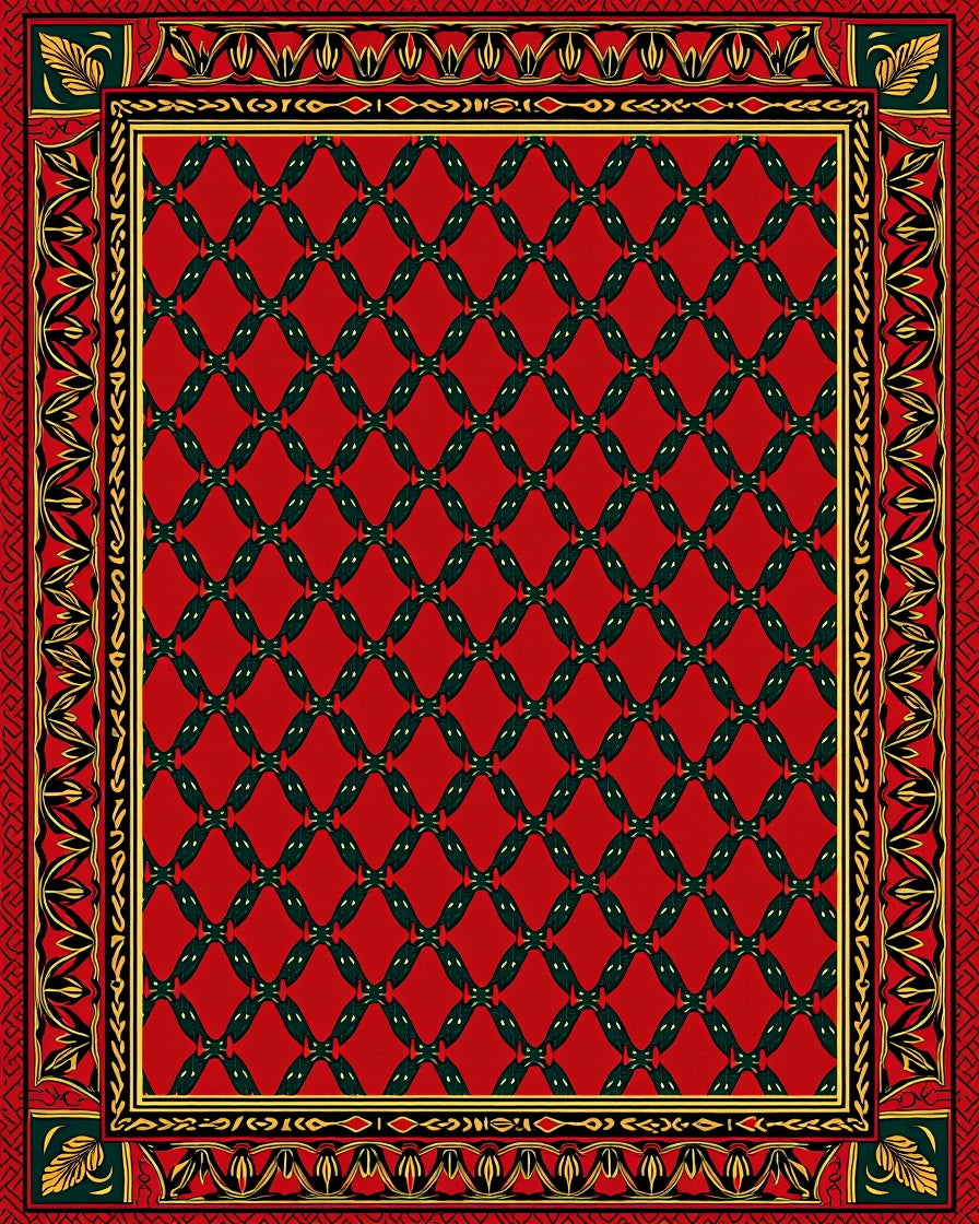 Crimson And Green Interlocking Diamond Border Rug