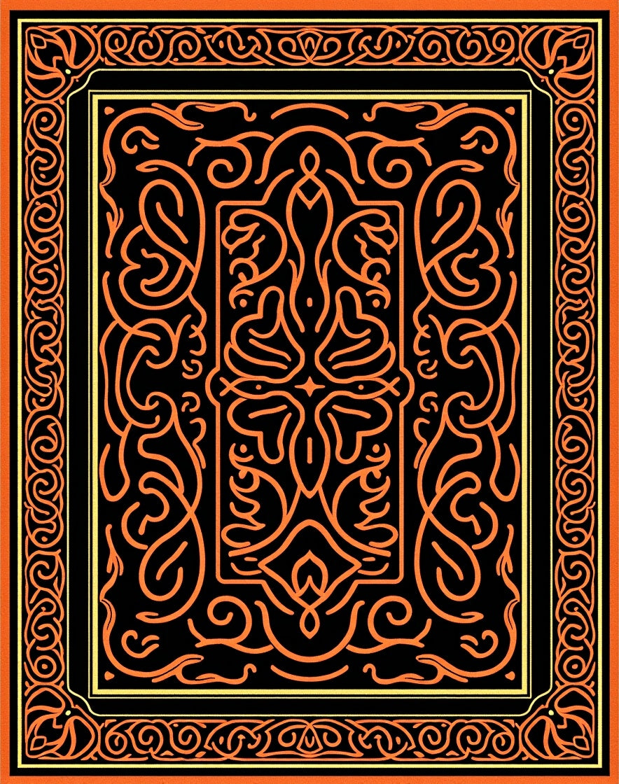 Black Orange Intricate Scrollwork Frame Rug