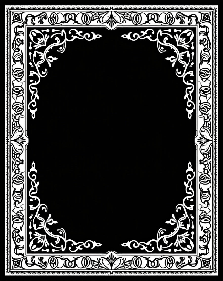 Elegant Black White Floral Border Frame Rug