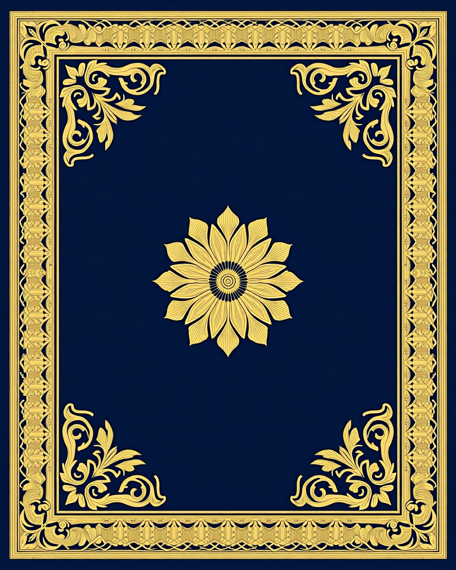 Golden Floral Medallion Navy Border Rug