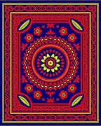Bold Blue Red Yellow Floral Medallion Rug