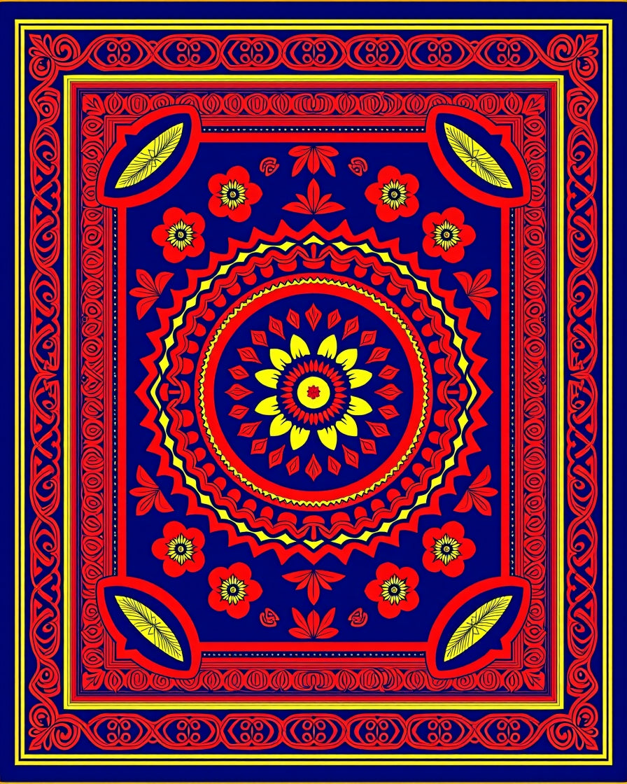 Bold Blue Red Yellow Floral Medallion Rug