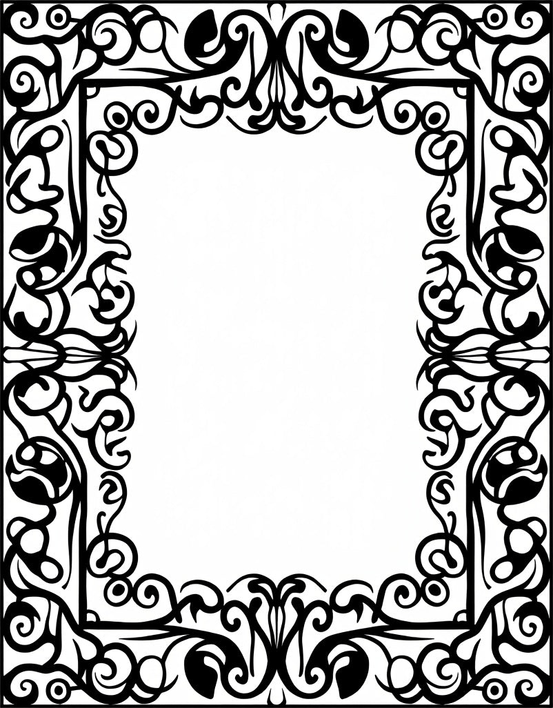 Black Ornate Scrollwork Rectangular Border Rug