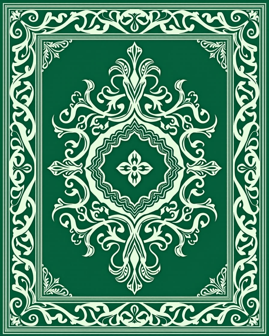 Emerald Green White Scrollwork Medallion Rug