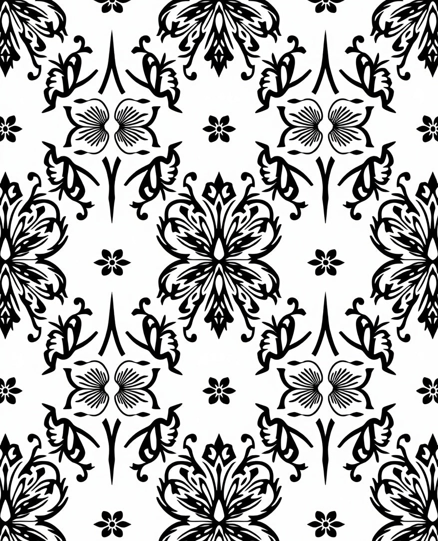 Black White Floral Ornamental Swirl Accents Rug