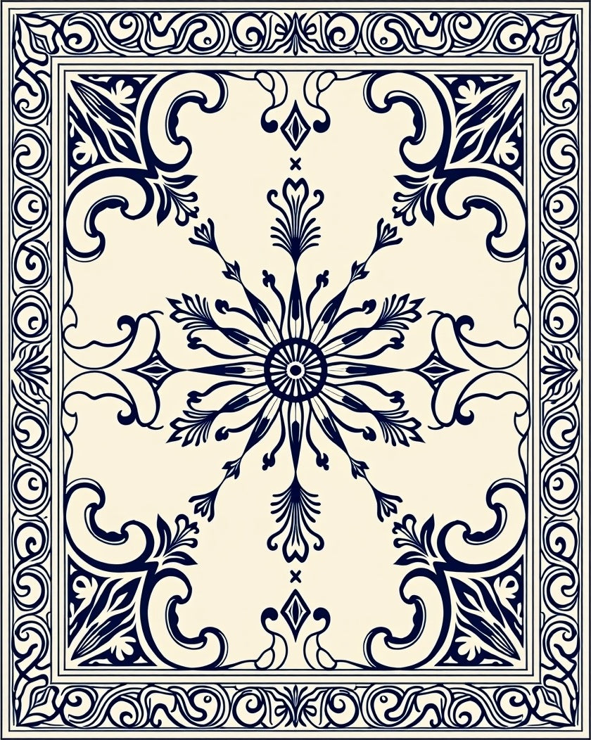 Classic Navy Ivory Floral Medallion Rug