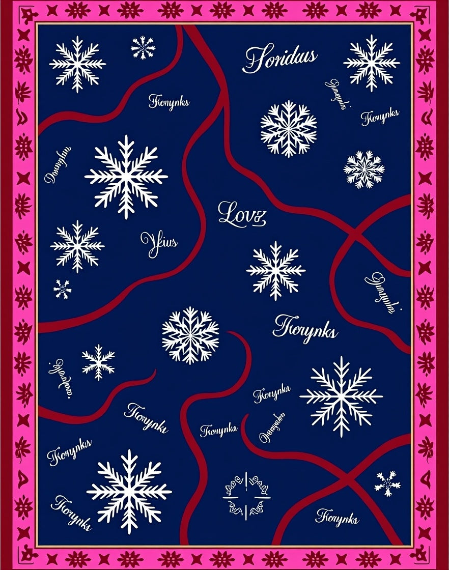 Navy Snowflake Swirl Red Text Rug