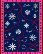 Navy Snowflake Swirl Red Text Rug
